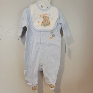 Baby Works NWT Boy 4 Piece Set Blue White Outfit One Piece Blanket Bib Hat 0-3 M